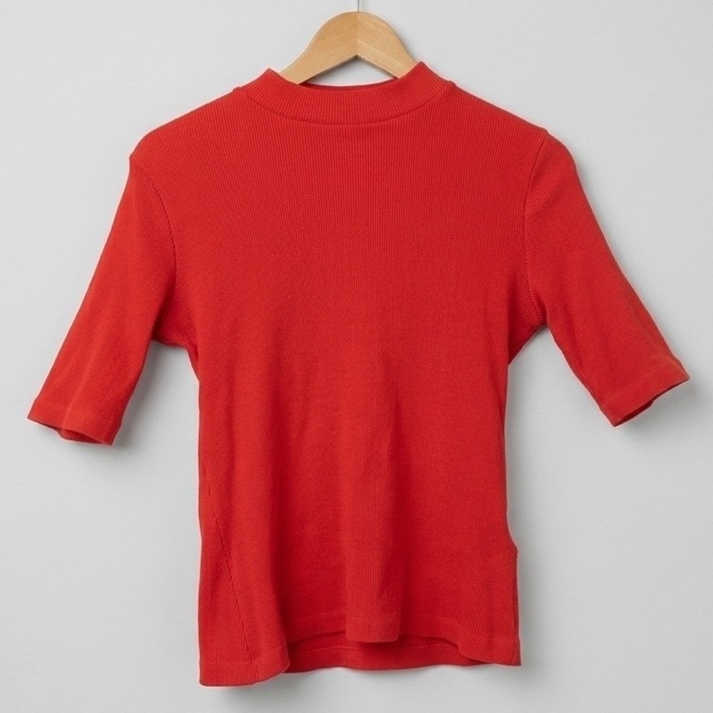 Maeve by Anthropologie Orange Ribbed Mock Neck Elbow Sleeve Top S Go See Twee